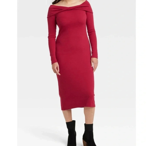 Universal Thread Off‎ The Shoulder Ribbed Midi Bodycon Dress Large Ruby Red NWT - Picture 1 of 10